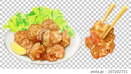 Illustration of fried chicken on a plate and fried chicken picked with chopsticks 107202751