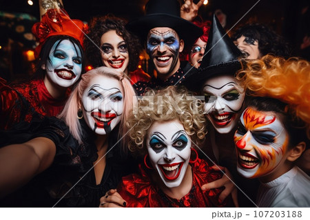 Happy Friends with Scary Makeup, Monster Masquerade, Halloween Makeup, Generative AI Illustration Happy Friends with Scary Makeup, Monster Masquerade, Halloween Makeup, Generative AI Illustration 107203188