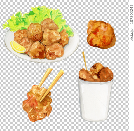 手描き水彩のいろいろな唐揚げのイラストセット 107203245