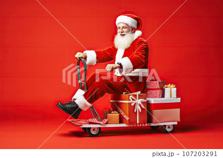 Fun Santa Riding Moped Carrying Pile Stack Fairy Purchases, Generative AI Illustration 107203291