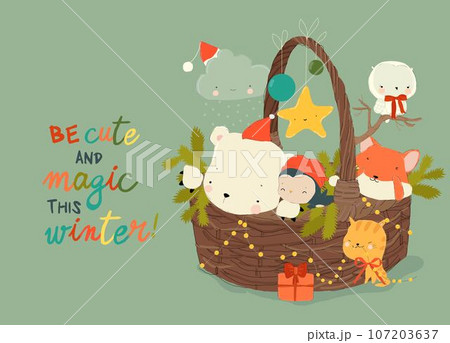 Cute Funny Animals sitting on Christmas Basket Cute Funny Animals sitting on Christmas Basket 107203637