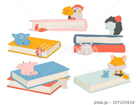 Cute Little Animals standing on Big Books 107203638