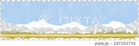 冬の雪山と雪が積もる平坦な道　背景素材　横位置 107203758