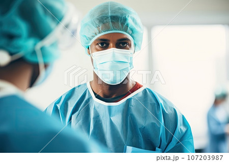 Surgeon at Operating Room, Male Doctor Tying Mask, Surgical Hospital, Generative AI Illustration 107203987