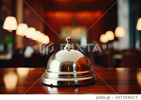 Retro Hotel Reception Counter desk with Bell, Vintage Service Bell, Generative AI Illustration 107204023