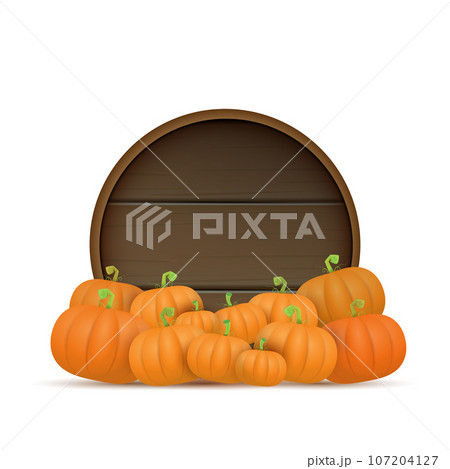 autumn round wooden sign with vector orange pumpkins isolated on white background. Creative Design template for farm market banners and thanksgiving day backgrounds with pumpkins frame 107204127