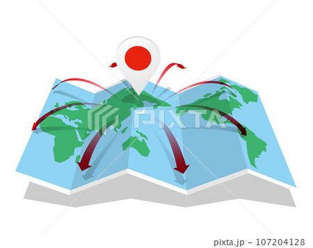 日本から八方へのびる矢印の世界地図とマーカー　ベクターイラストレーション 107204128