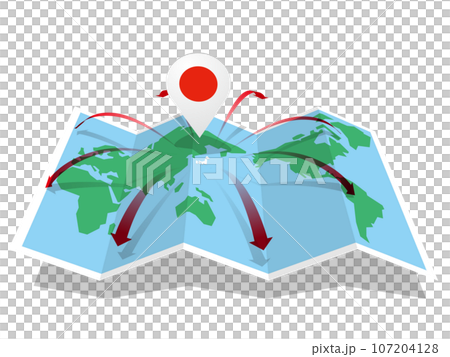 日本から八方へのびる矢印の世界地図とマーカー　ベクターイラストレーション 107204128