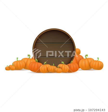 autumn round wooden sign with vector orange pumpkins isolated on white background. Creative Design template for farm market banners and thanksgiving day backgrounds with pumpkins frame 107204143