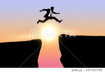 Business jump through the gap between hill, man jumping over cliff, on sunset background,Business concept idea Business jump through the gap between hill, man jumping over cliff, on sunset background,Business concept idea 107204798