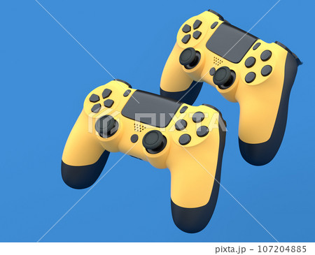 Set of flying gamer joysticks or gamepads on blue background. 3d render of accessories for live streaming concept 107204885