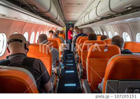 Aircraft Saloon, Comfortable Passenger Seats, Airplane Chairs, Air Board, Generative AI Illustration 107205151