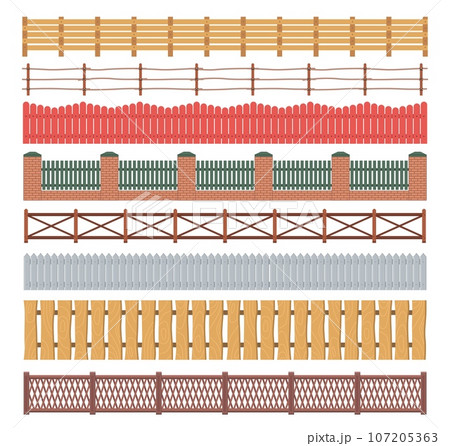 Wooden fences. Farm hedges. Slats and grilles. Garden palisade. Seamless village fencing. Different types barriers. Decorative pillars. Outdoor railing. Rustic boundaries vector set 107205363