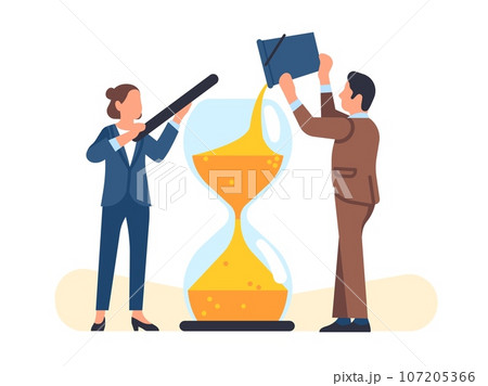 Time management. People add sand to hourglass. Businessman controlling schedule. Hour countdown. Project deadline. Man and woman with sandglass. Pouring with bucket. Vector concept Time management. People add sand to hourglass. Businessman controlling schedule. Hour countdown. Project deadline. Man and woman with sandglass. Pouring with bucket. Vector concept 107205366
