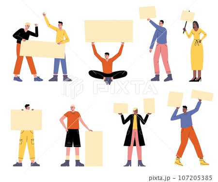 People on parade. Cartoon male or female protesters with blank placards. Demonstration for peace. Participants characters with manifestation banners. Social movement. Vector activists set 107205385