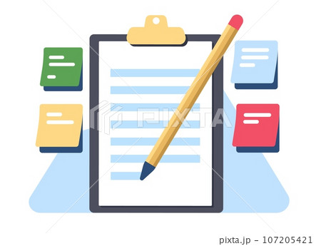 Notebook with list and pencil. Tablet with paper sheets. Sticky notepaper. Reminder writing. Office stationery. Organizer checklist. Memo in copybook. Pocketbook pages. Vector concept 107205421