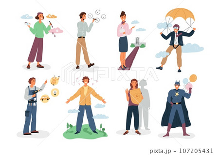 MBTI types. Human personalities. Mindset and behavior. People with different mental individuality. Analytical or creative intelligence. Logical or imaginative thinking. Garish vector set 107205431