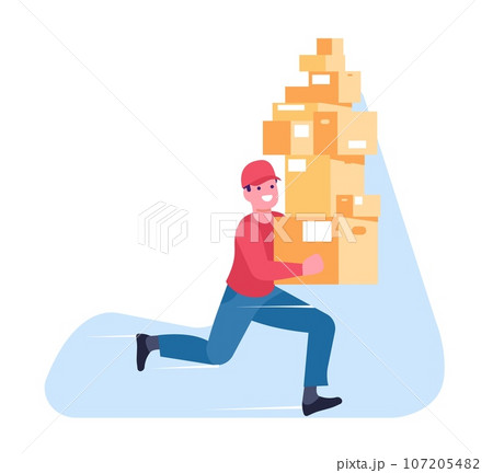 Fast delivery. Courier with many cardboard boxes runs to address. Man carrying with parcels stack. Hurrying deliveryman. Express logistic service. Order transportation. Vector concept 107205482