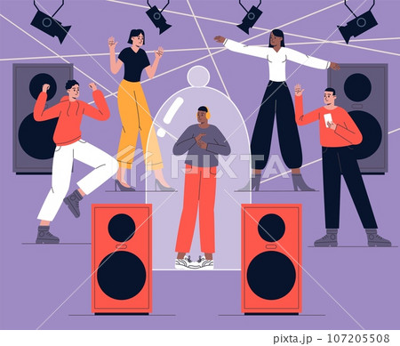 Extravert party with introvert. Lonely guy under glass hood. Funny people dancing. Night club entertainment. Sociable and withdrawn cartoon persons. Psychology mindset. Vector concept 107205508