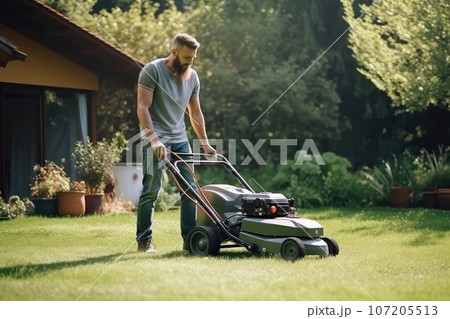 Garden Meadow Lawn Cutting, a Worker Mows Grass, Plant Cut, Garden Care, Generative AI Illustration 107205513