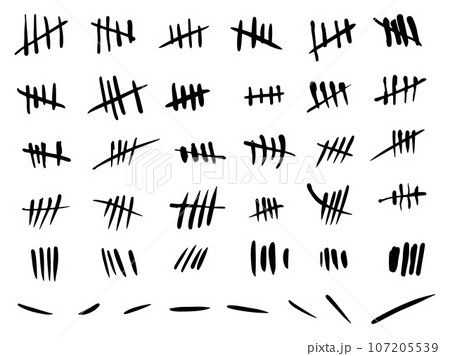 Crossed out tally marks. Black lines with slash. Prison wall counting method. Strikethrough signs. Isolated rough strokes. Mathematical score. Hand drawn primitive elements vector set Crossed out tally marks. Black lines with slash. Prison wall counting method. Strikethrough signs. Isolated rough strokes. Mathematical score. Hand drawn primitive elements vector set 107205539