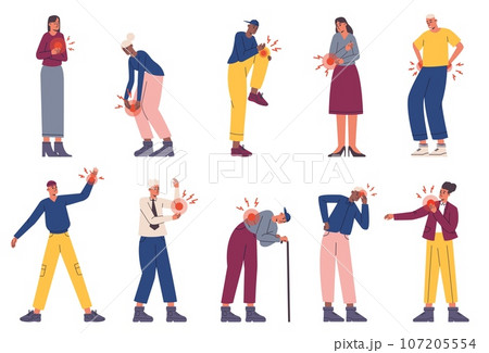Cartoon people suffering pain. Ache in different body parts. Persons with health problems. Unhappy men and women. Hurt medical types. Inflammation or trauma. Painful symptoms vector set Cartoon people suffering pain. Ache in different body parts. Persons with health problems. Unhappy men and women. Hurt medical types. Inflammation or trauma. Painful symptoms vector set 107205554