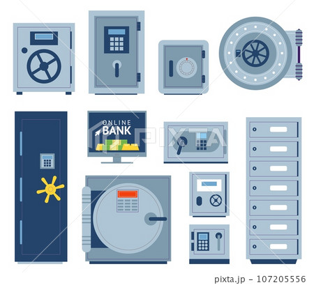 Cartoon metal safe boxes. Different types code locks. Secure cash. Values storage. Steel doors opening by password combination. Compact and stationary. Storage containers vector set Cartoon metal safe boxes. Different types code locks. Secure cash. Values storage. Steel doors opening by password combination. Compact and stationary. Storage containers vector set 107205556