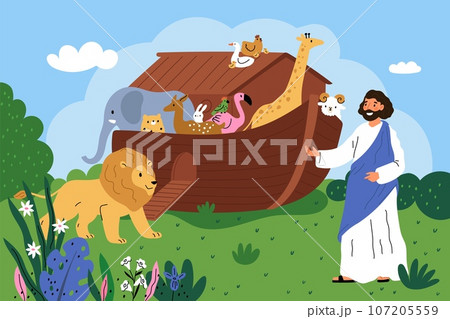 Biblical scene. Old testament. Noah ark with wild animals. Bearded man in tunic gathers fauna characters on ship. Wooden boat. Christian religion. Gospel legend. Garish vector concept 107205559