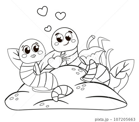 Coloring page with cute worms falling in love Coloring page with cute worms falling in love 107205663