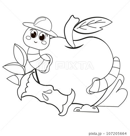 Coloring page with cute worm with apple for kids Coloring page with cute worm with apple for kids 107205664