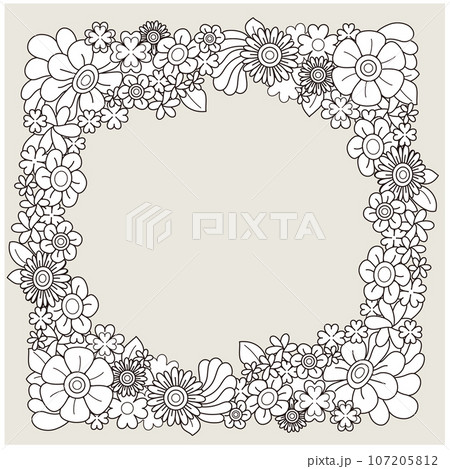 たくさんの花でできた丸い囲み　レトロでかわいいベクターイラスト 107205812
