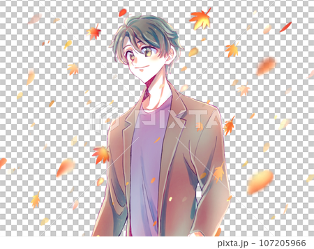 Refreshing man, black hair, autumn leaves 107205966