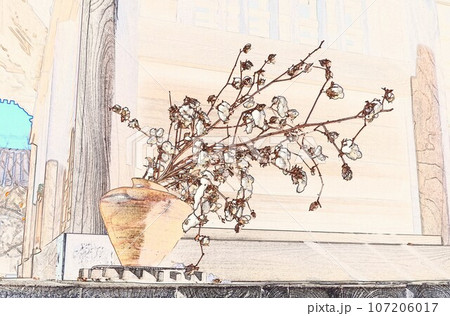 イラストお寺の境内にコットンフラワー イラストお寺の境内にコットンフラワー 107206017