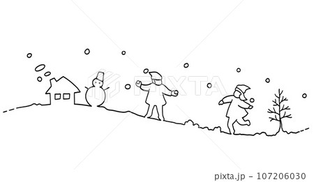 雪合戦をする子ども達と冬の風景線画イラスト 107206030