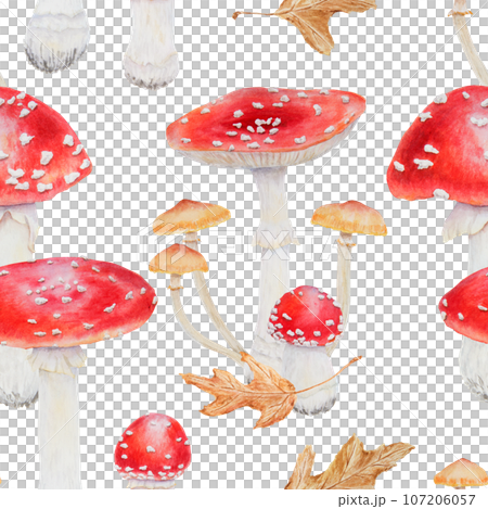 Watercolor seamless pattern of red fly agaric and galerina marginata. Poisonous mushrooms, dry leaves. Hand drawn botanical realistic illustration for packing eco gifts, paper, background, textiles 107206057