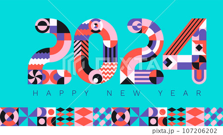 2024 modern geometric lettering New Year card. Memphis style typeface. 107206202