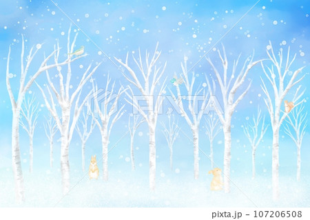 雪降る冬の森に小さな動物達が現れたイラスト。水彩イラストを使用した可愛らしい背景素材。 107206508