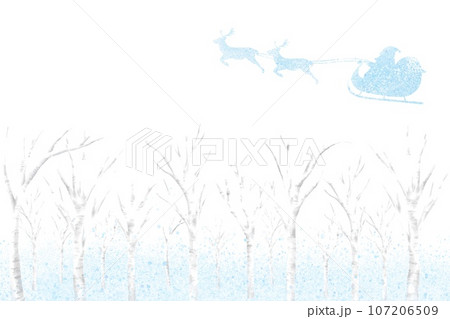 冬の森を超えていくサンタクロースのそりとトナカイのシルエット。クリスマス向けの水彩タッチの綺麗な背景 107206509