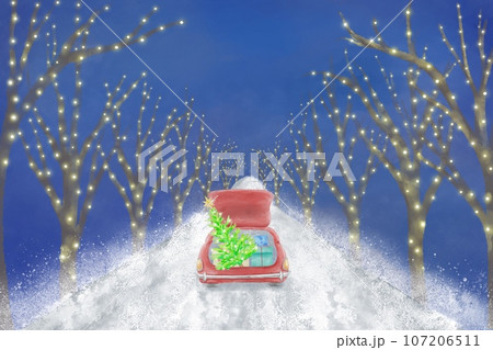 イルミネーションが灯るキラキラ並木をクリスマスパーティーに向かう赤い車。クリスマス感たっぷりの背景素 イルミネーションが灯るキラキラ並木をクリスマスパーティーに向かう赤い車。クリスマス感たっぷりの背景素 107206511
