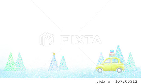 クリスマスツリーが並ぶ風景をプレゼントを乗せた車が走るクリスマスフレーム。水彩イラストを使用。 107206512