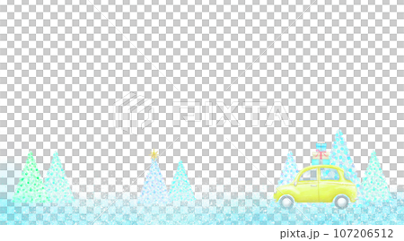 クリスマスツリーが並ぶ風景をプレゼントを乗せた車が走るクリスマスフレーム。水彩イラストを使用。 107206512
