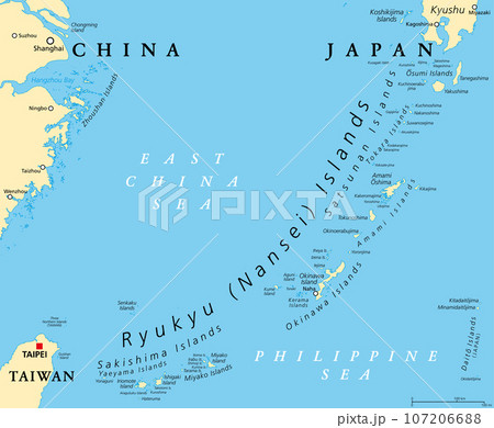 Ryukyu Islands, also known as Nansei Islands, political map. The Ryukyu Arc, a Japanese, mostly volcanic island chain stretching from Kyushu, Japan, to the westernmost Yonaguni Island, east of Taiwan. 107206688