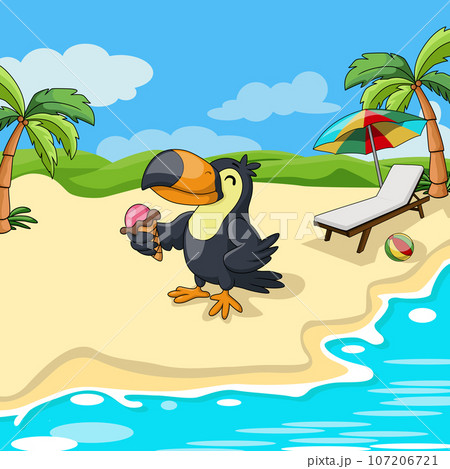 Cute toucan cartoon eat ice cream on beach Cute toucan cartoon eat ice cream on beach 107206721