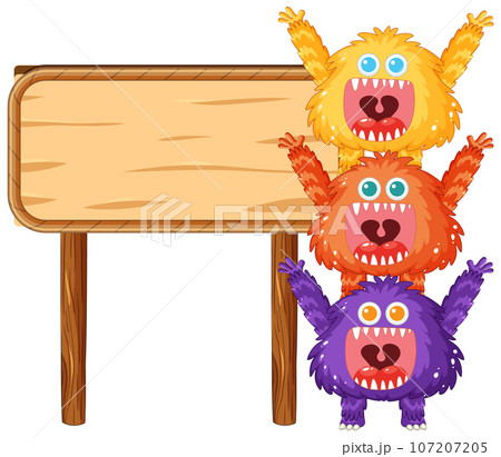 Cute Happy Monster Friends Holding Wooden Sign Board Banner 107207205