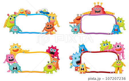 Cute Alien Monsters Cartoon Next to Frame Board Cute Alien Monsters Cartoon Next to Frame Board 107207236