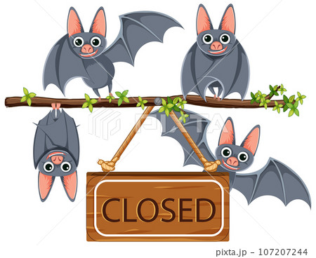 Bats Standing on Tree Branch with Closed Sign 107207244