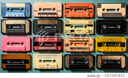collection of various vintage audio cassettes. retro styled background The Nineties Mixed Tape cassette.90's music top view,flat lay retro background 107207451