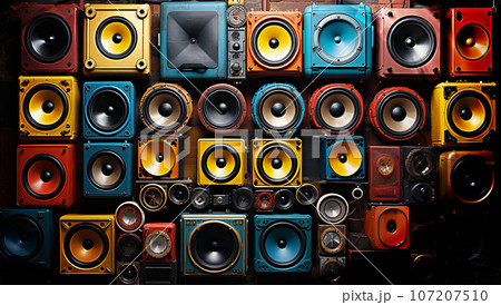vintage music sound speaker wall.Retro old school design ghetto blaster stereo radio cassette tape recorders boombox tower from circa 1980s front concrete wall background. Vintage instagram style vintage music sound speaker wall.Retro old school design ghetto blaster stereo radio cassette tape recorders boombox tower from circa 1980s front concrete wall background. Vintage instagram style 107207510