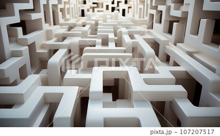 Abstract white maze top view/The concept of a business strategy, analytics, search for solutions, the search output. Labyrinth of white blocks. Abstract white maze top view/The concept of a business strategy, analytics, search for solutions, the search output. Labyrinth of white blocks. 107207517