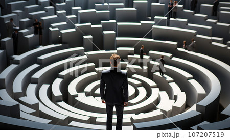 Business challenge.Businessman standing on center of maze. Concepts of finding a solution, problem solving and challenge. Brainstorming with business team Business challenge.Businessman standing on center of maze. Concepts of finding a solution, problem solving and challenge. Brainstorming with business team 107207519